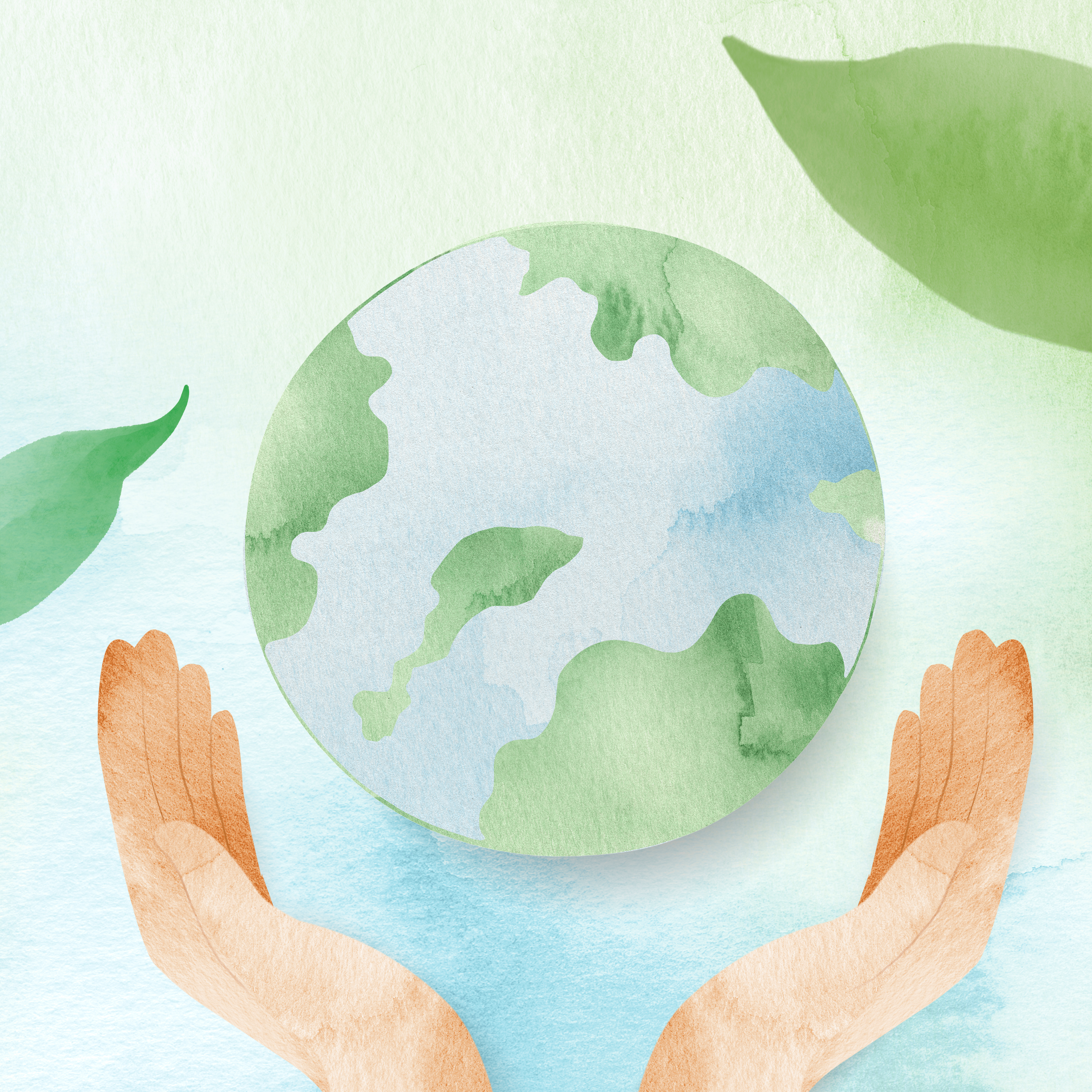 Watercolor background with hands protecting the world illustration